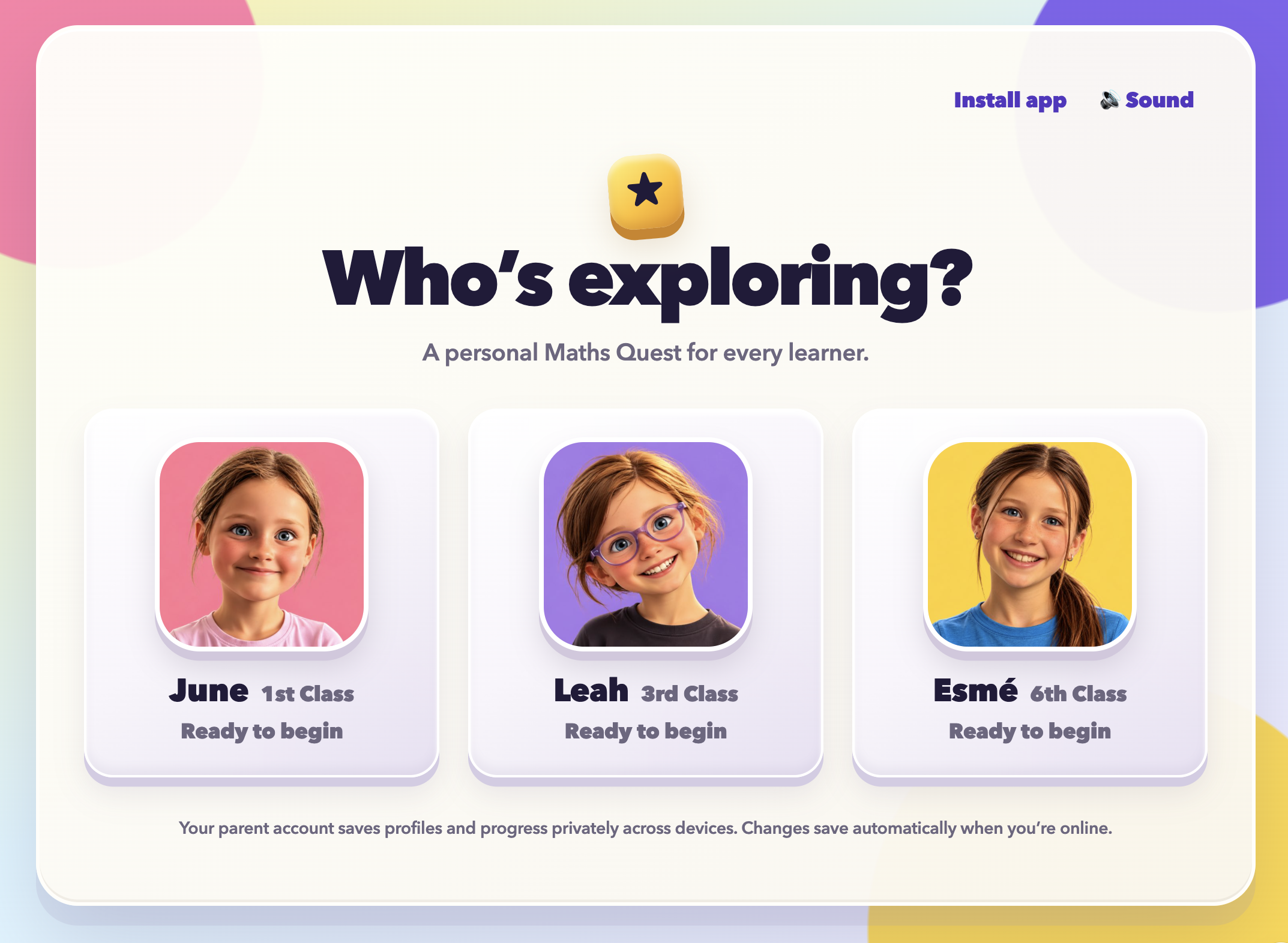 Maths Quest learner selection showing three personal profiles for first, third and sixth class.