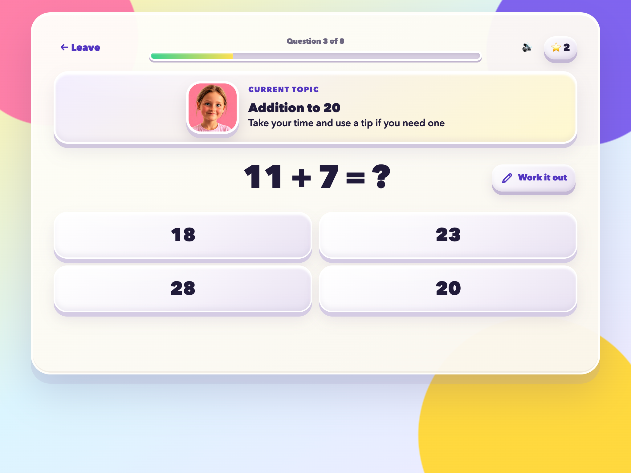 An addition question in Maths Quest with answer choices, quest progress and the Work it out button.