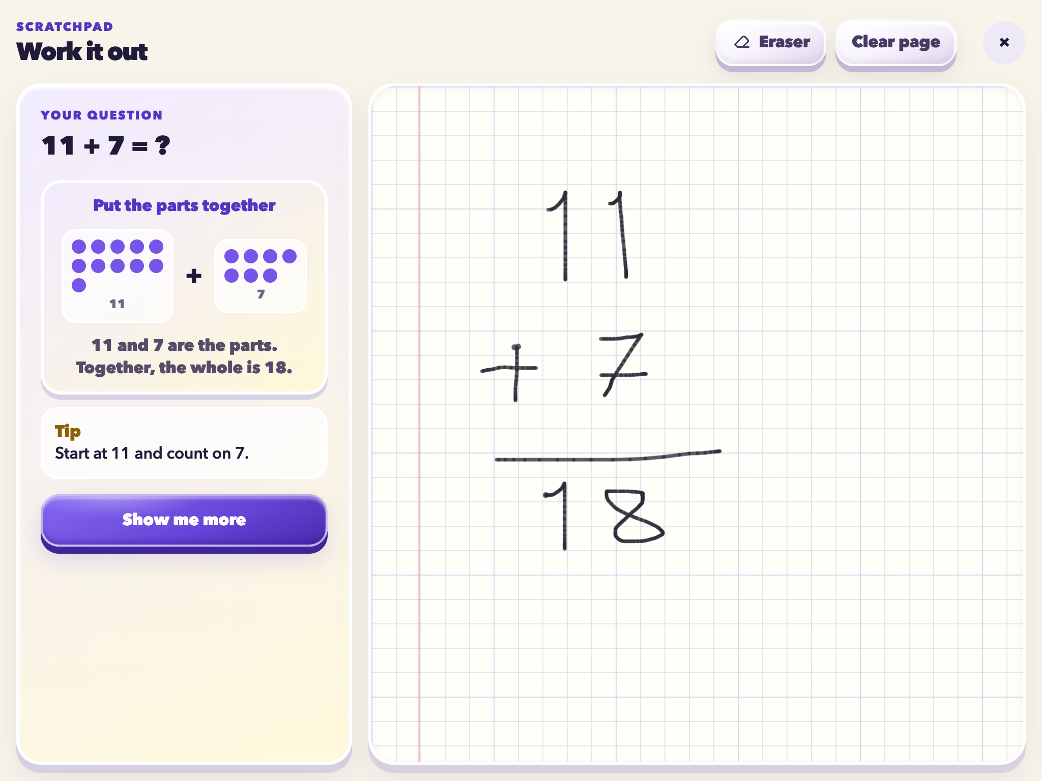 Work it out scratchpad showing tips and a visual model for 11 plus 7 alongside a handwritten solution on the drawing canvas.
